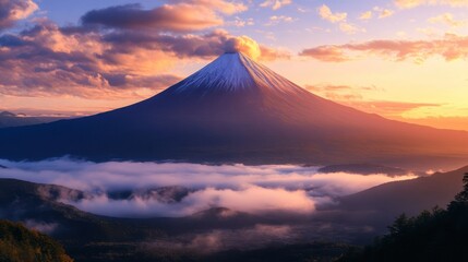 Fototapeta premium Majestic Fuji Sunset Mountain, Clouds, Japan, Autumnal Colors, Travel
