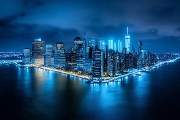 Fototapeta premium A city in complete darkness during a total blackout, with only emergency lights glowing