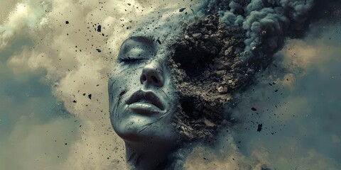 Woman's face is shown in a painting with a lot of debris and rocks