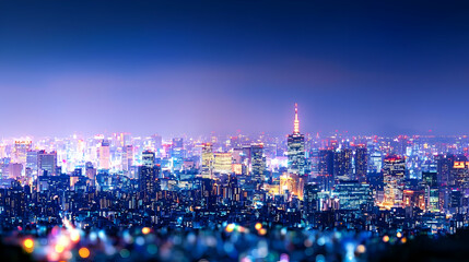 Fototapeta premium Elevated Night City View Illuminated With Blue And Yellow Lights