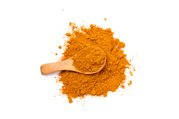 Dry Turmeric powder and turmeric root isolated on white background ,Top view