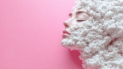   dreamy woman made of clouds closing eyes on pink background  
