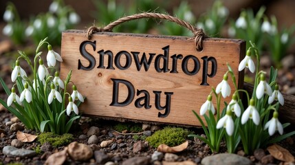 Celebration of Snowdrop Day with blooming flowers and a wooden sign in a tranquil garden setting