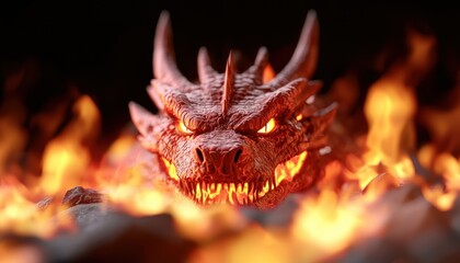 fiery melt grim concept. A fierce dragon emerges from flames, showcasing intricate scales and glowing eyes in a fiery landscape.