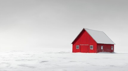 Bright Red Barn on Snowy Landscape in Winter