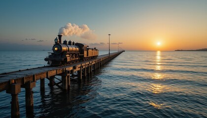 Obraz premium Vintage steam train at sunset on pier scenic landscape tranquil waters