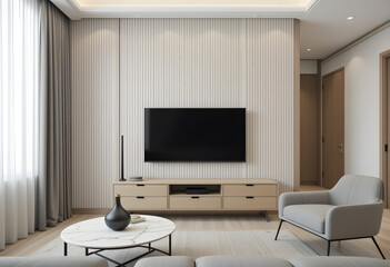 Warm Living Room | Neutral Wall with Vertical Paneling