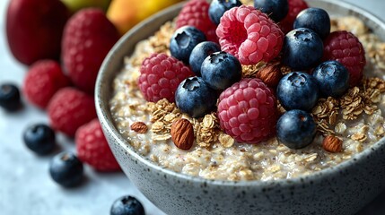 bowl of oatmeal topped with fresh blackberries, blueberries,  