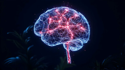 Digital Brain Illustration with Blue and Red Glowing Lights on Dark Background