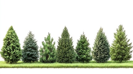 Fototapeta premium Row of evergreen trees with lush foliage, growing on a grassy patch, isolated on white background, natural depth, ultrasharp details