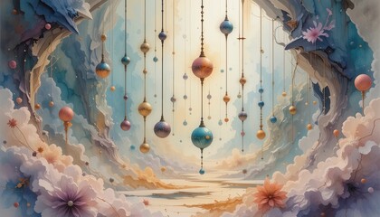 Celestial orbs ethereal realm digital art dreamlike atmosphere wide angle surrealism
