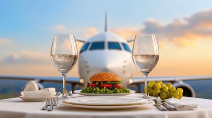 Obraz premium Luxury Dining Experience On Private Jet With Scenic Background And Meal Presentation