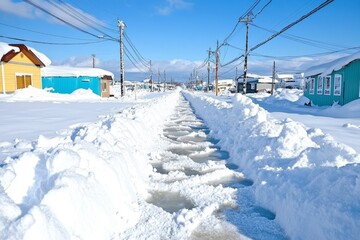 A deadly blizzard covering a town in heavy snow, making roads and buildings barely visible