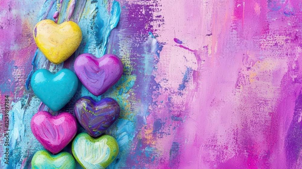 Aufkleber painting of multiple colorful hearts on a soft pink background for decorative purposes