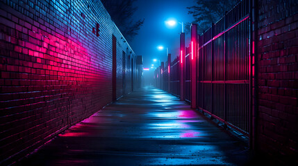 Dramatic Alleyway Scene Illuminated With Neon Lights During Night In The City
