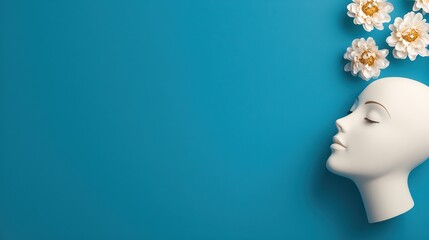 White mannequin head with flowers on blue background for mental health relaxation focus