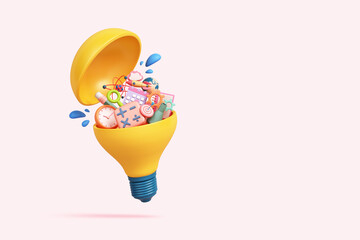 creative ideas light bulb work or study online learning education internet for school timetable science technology imagination with pencil clock rocket pastel object. clipping path. 3D Illustration.