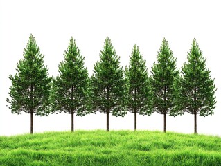 Row of tall evergreen trees on a vibrant green grassy patch, isolated on white background, sharp details, crisp textures, highdefinition clarity