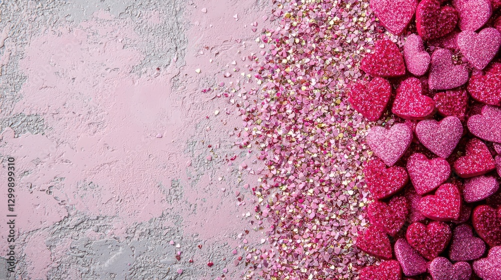 Poster valentines day background featuring pink and gold glitter hearts on a soft gradient backdrop