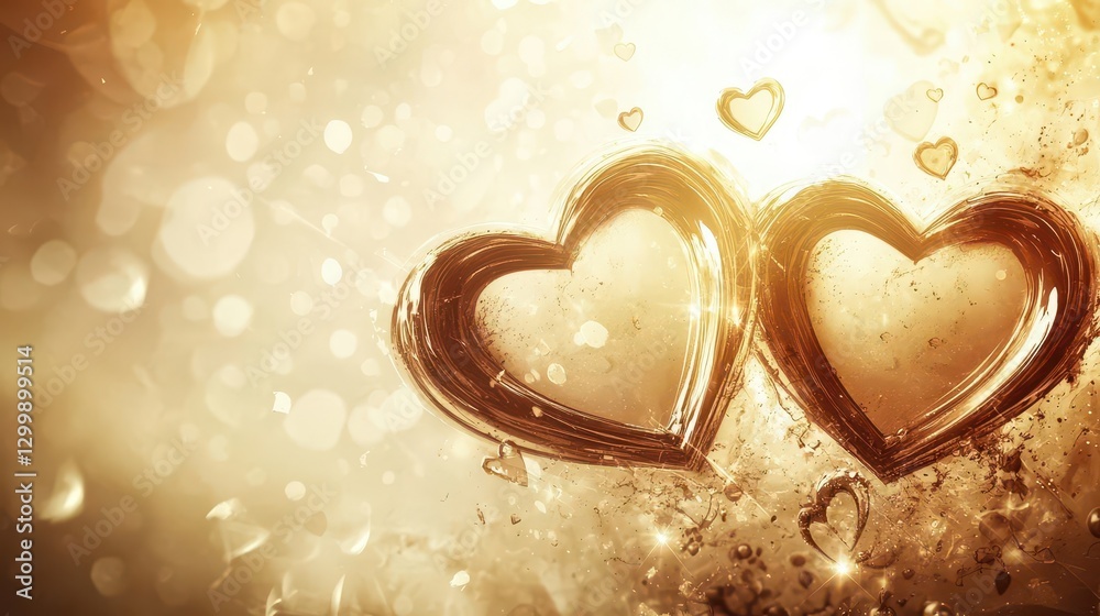Poster Two hearts floating in the air surrounded by sparkling lights on a dark background