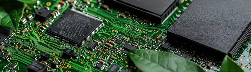 Green tech circuit board with leaves; eco-friendly electronics