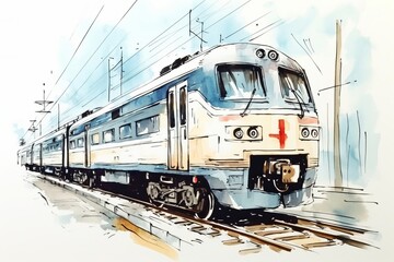 Obraz premium 手描き風の電車の水彩画,Generative AI AI画像