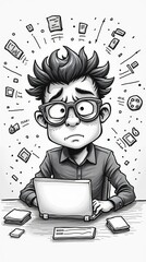 Cartoon of a programmer with huge glasses, behind which tired eyes are visible, sitting at a table with a laptop