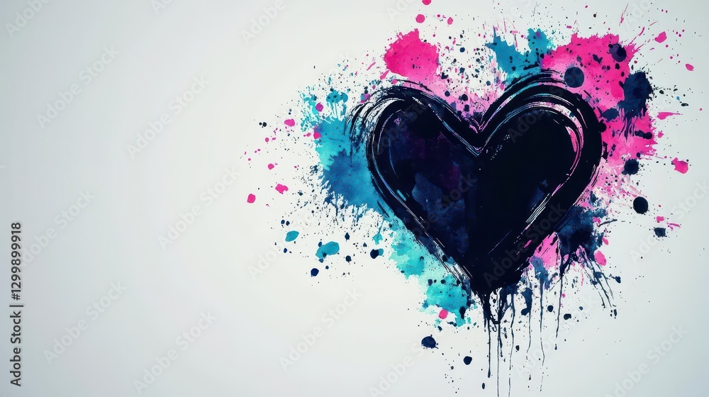 Poster Heart shape with colorful splats and paint drips on a white background