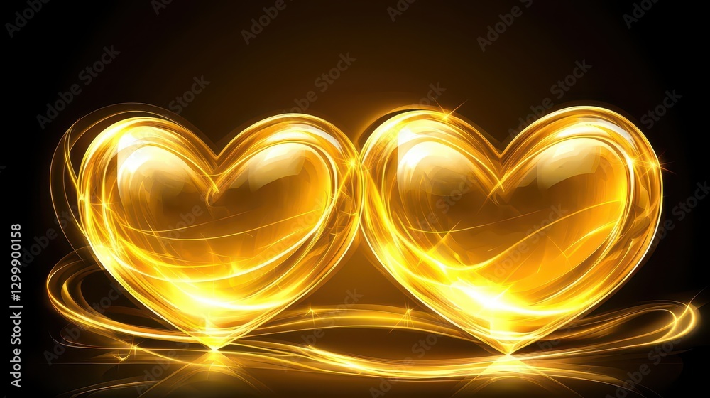 Poster two golden hearts on a black background symbolizing love and connection in a minimalist design