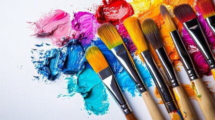 Fototapeta premium Vibrant Paints and Brushes on White Canvas