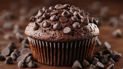 Delicious chocolate chip muffin, rich and decadent. Perfect for websites, blogs, or recipes related to chocolate desserts.