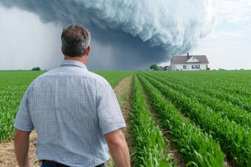 A farmer running toward a storm shelter as a giant tornado approaches his barn