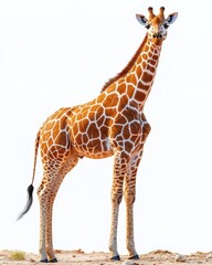Obraz premium Full Body Giraffe Standing on Sand with White Background