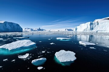 A vast field of icebergs floating in a deep blue sea, cold mist rising from the frigid arctic waters