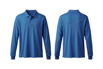 long sleeve blue polo shirt front and back view isolated on white background