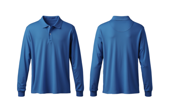 long sleeve blue polo shirt front and back view isolated on white background