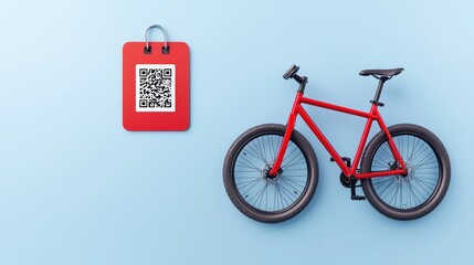 Red bike with QR code tag on blue background for mobility service concept