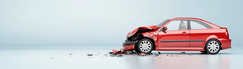 Red car crash, extensive frontend damage after a collision automotive accident scene