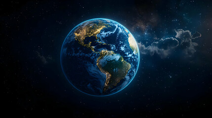 Digitally Rendered Earth At Night Illuminated By City Lights With Starry Background