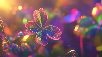  A close-up, ethereal image of a four-leaf clover with dew drops, displaying a soft, iridescent sheen against a blurred background of pastel rainbow hues.
