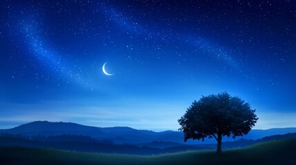 Serene landscape, majestic tree stands alone on a verdant hill, creating breathtaking vista