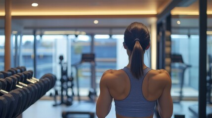 Fototapeta premium Woman,s Back View in Gym with Dumbbells and Treadmills Workout Fitness Goals