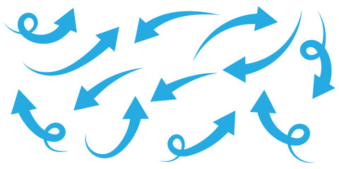 Set of curved arrows isolated on white background. Curved arrows, hand drawn curved arrows. Set long blue curve arrow icon vector . blue curve arrow icon set. long arrow icon set. curve arrow vector.