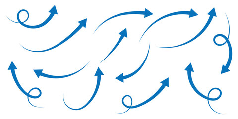 Set of curved arrows isolated on white background. Curved arrows, hand drawn curved arrows. Set long blue curve arrow icon vector . blue curve arrow icon set. long arrow icon set. curve arrow vector.