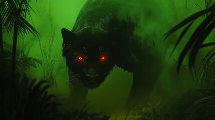 Black panther stalking prey in misty jungle; wildlife documentary