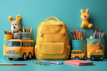 Backpack with school supplies on chalkboard back to school background