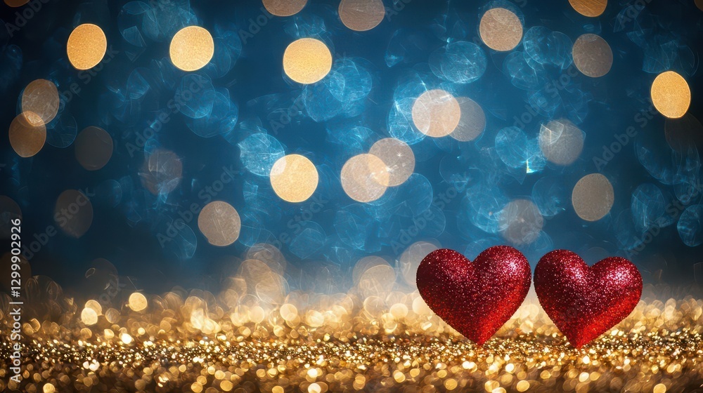 Poster two hearts on a blue background illuminated by golden lights creating a romantic atmosphere