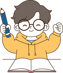 A child in glasses holds his hands high. He holds a pencil in one hand and smiles. minimal line art vector illustration. 