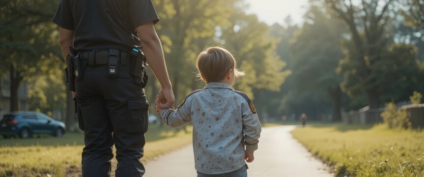 Police Officer & Child Walking, Safety - Authenticity