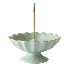 A handcrafted ceramic incense holder, designed with a scalloped bowl structure and a pedestal base, featuring a soft jade-green glaze with subtle ornamental textures, transparent background, PNG